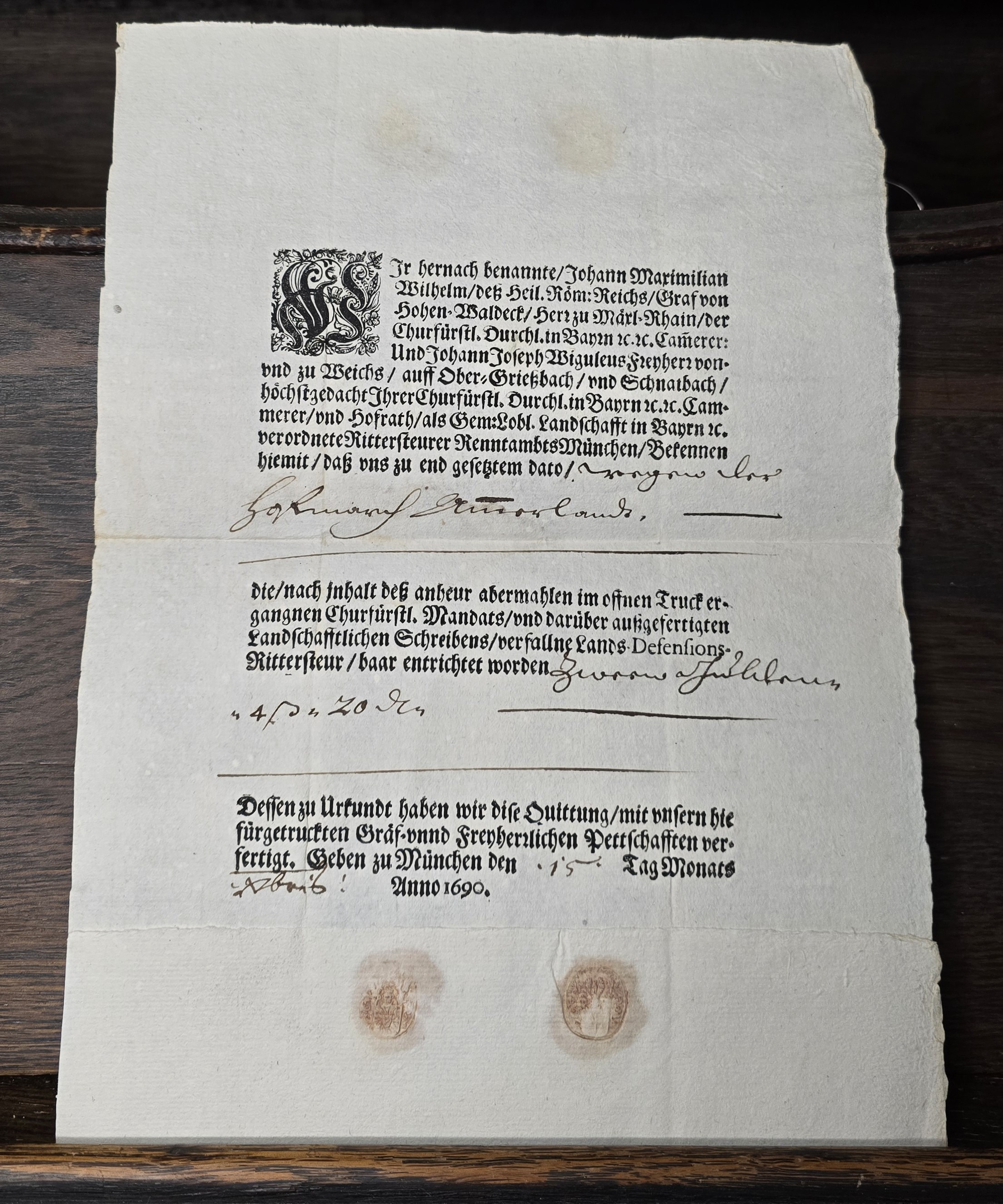 1690 Schloss Ammerland (Ammerland Castle) Estate Document: Military Defense Tax & Army Protection During Nine Years' War — archive document image