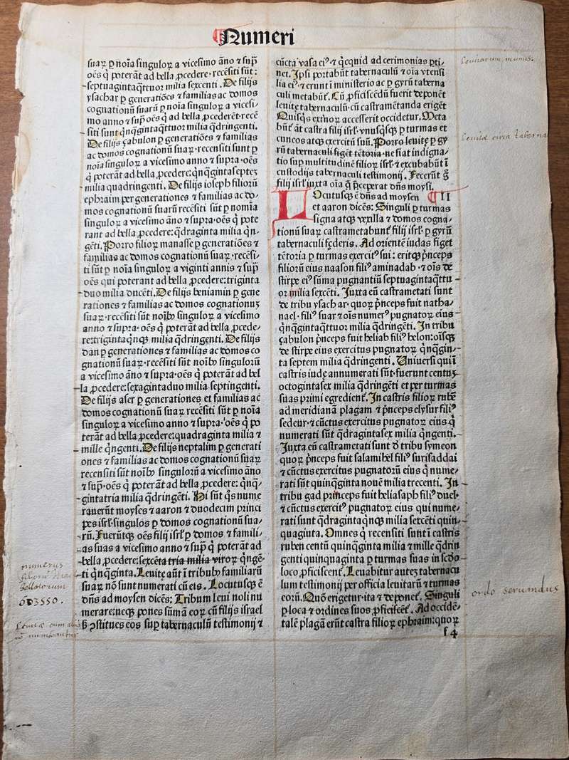 1486 Incunable Bible Leaf – Book of Numbers with Hand-Rubrication & Marginalia
