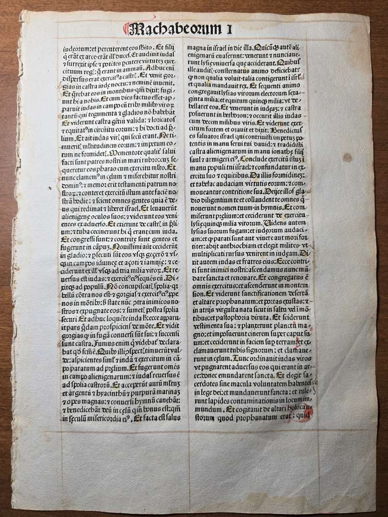 1486 Incunable Bible Leaf – 1 Maccabees, Cleansing & Rededication of the Temple