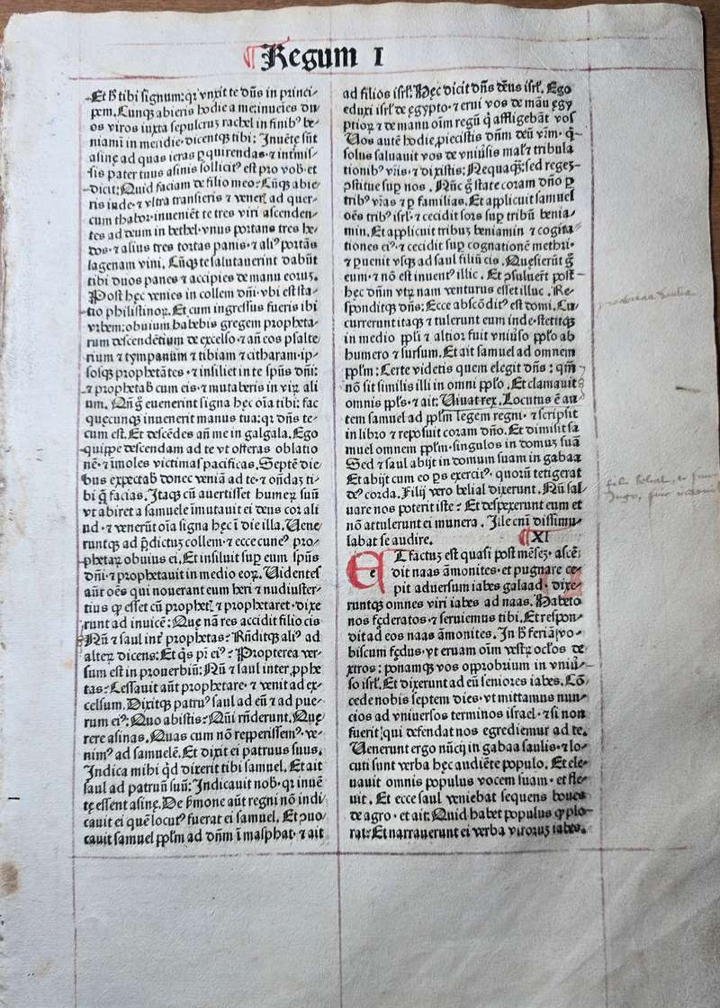 1486 Incunable Bible Leaf – 1 Samuel (1 Kings), Saul Proclaimed King