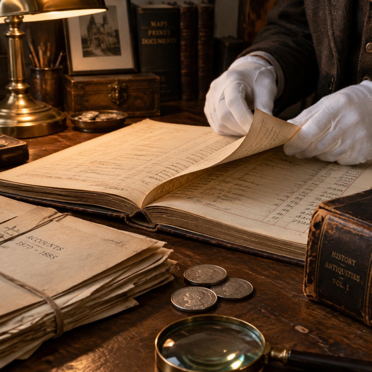 Gloved hands turning the page of a 19th-century ledger beside bundled documents and silver coins