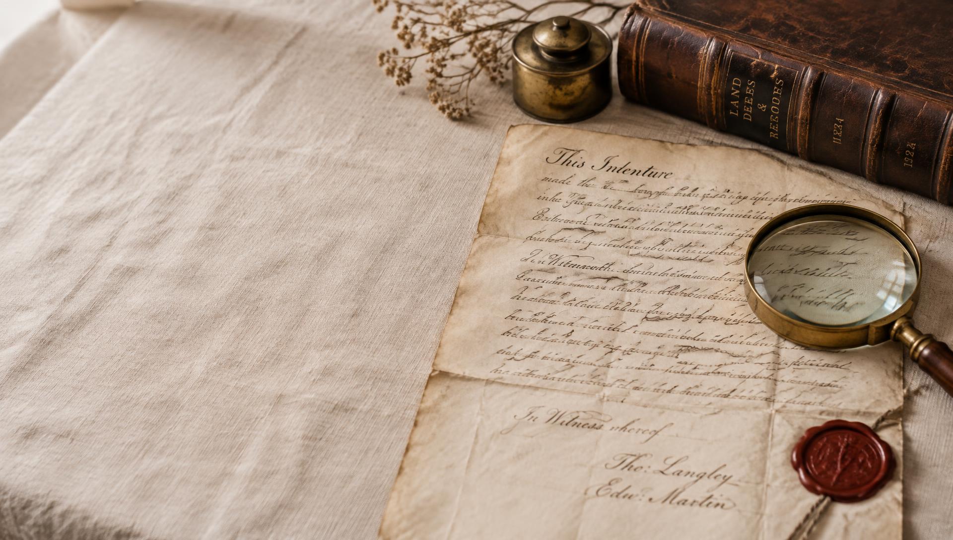An 1824 indenture on laid paper with a wax seal, a leather-bound volume and a brass magnifier